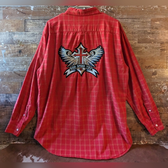 Upcycled Handcrafted Dip Dyed Bleached Red Plaid Button Down Shirt W God Speed - Picture 1 of 14